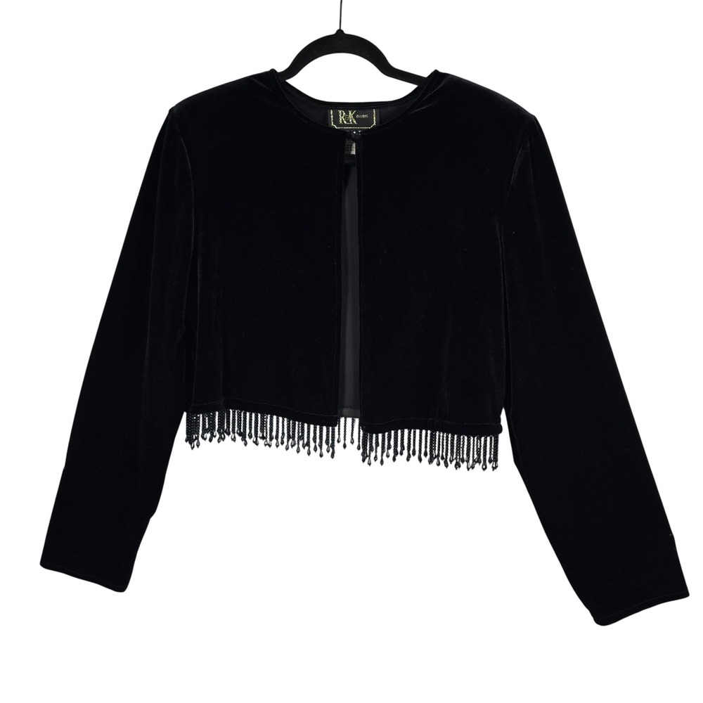 R&K Evening Woman Black Velvet Beaded Fringe Cropped Bolero Jacket Size 14 Party